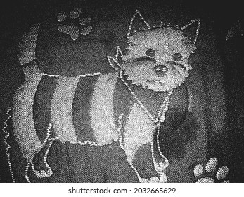 Distress grunge vector texture of fabric with kitty cat. Black and white background. EPS 8 illustration