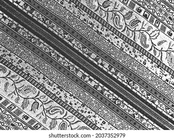 Textura vectorial de grunge de socorro de tela con adorno floral y ondas. Fondo blanco y negro. ilustración EPS 8