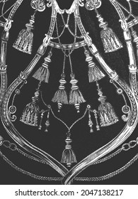 Distress grunge vector texture of fabric with tassels ornament. Black and white background. EPS 8 illustration