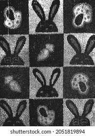Distress grunge vector texture of fabric with rabbit, carrot and mushrooms ornament. Black and white background. EPS 8 illustration