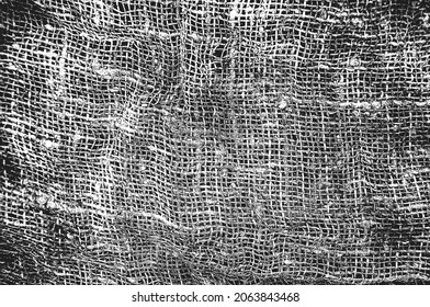 Distress grunge vector texture of fabric, bag, sack, sac, sackcloth, bagging, sacking. Black and white background. EPS 8 illustration