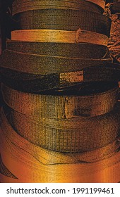 Distress grunge vector texture of wicker rope. Black and golden background. EPS 8 illustration