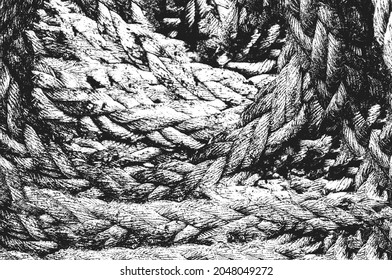 Distress grunge vector texture of wicker rope. Black and white background. EPS 8 illustration