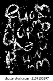 Distress Grunge Word Abstract Background Vector. Rough Dust Letter, Ink Brush Splash Effect Pattern. Old Scratch Font Art Texture Wallpaper. Dirty Text Element, Paint Drop Stain Backdrop Illustration.