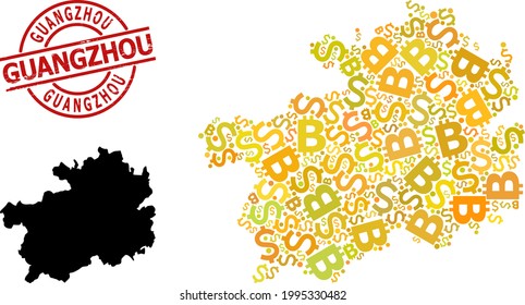 Distress Guangzhou badge, and currency collage map of Guizhou Province. Red round badge has Guangzhou tag inside circle. Map of Guizhou Province mosaic is made from money, funding,