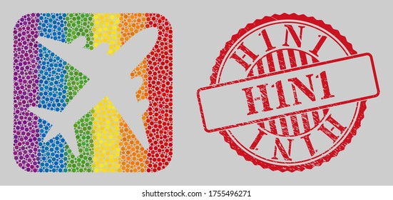 Distress H1N1 stamp seal and mosaic airplane stencil for LGBT. Dotted rounded rectangle mosaic is around airplane cut out shape. LGBT spectrum colors. Red round distress seal stamp with H1N1 phrase.