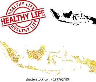 Distress Healthy Life stamp seal, and finance collage map of Indonesia. Red round stamp seal includes Healthy Life title inside circle. Map of Indonesia collage is formed of currency, funding,