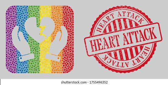 Distress Heart Attack watermark and mosaic broken heart protection hands stencil for LGBT. Dotted rounded rectangle mosaic is around broken heart protection hands hole. LGBT spectrum colors.