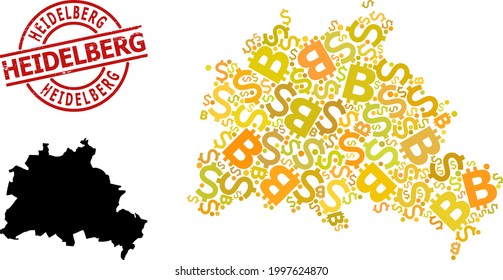 Distress Heidelberg badge, and finance collage map of Berlin City. Red round stamp seal contains Heidelberg title inside circle. Map of Berlin City collage is created from finance, dollar,