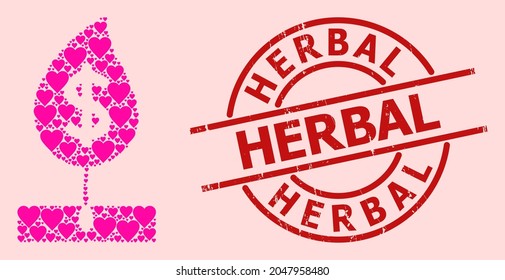 Distress Herbal stamp seal, and pink love heart collage for dollar sprout. Red round stamp seal contains Herbal title inside circle. Dollar sprout collage is designed of pink amour icons.