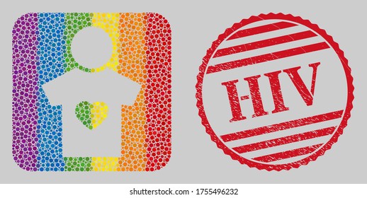 Distress HIV stamp seal and mosaic boyfriend hole for LGBT. Dotted rounded rectangle collage is around boyfriend hole. LGBT rainbow colors. Red rounded rubber seal with HIV text.