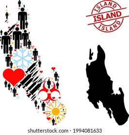 Distress Island badge, and sunny people inoculation collage map of Zanzibar Island. Red round badge includes Island text inside circle. Map of Zanzibar Island mosaic is constructed from cold, sunny,