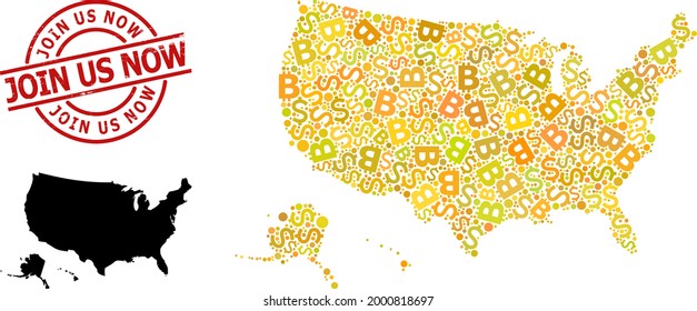 Distress Join Us Now stamp seal, and bank collage map of USA territories. Red round stamp seal includes Join Us Now tag inside circle. Map of USA territories collage is constructed with currency,