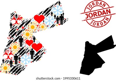 Distress Jordan stamp, and sunny man virus therapy collage map of Jordan. Red round stamp contains Jordan text inside circle. Map of Jordan collage is constructed of winter, sun, heart, man, syringe,