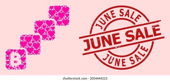 Distress June Sale stamp seal, and pink love heart collage for bitcoin blockchain. Red round seal has June Sale title inside circle. Bitcoin blockchain collage is designed with pink romance elements.
