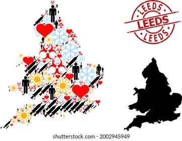 Distress Leeds stamp, and heart population infection treatment mosaic map of England. Red round badge includes Leeds title inside circle. Map of England mosaic is organized of winter, spring, heart,