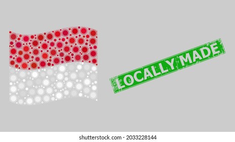 Distress Locally Made and mosaic waving Monaco flag created of sun icons. Green seal includes Locally Made caption inside rectangle.