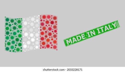 Distress Made in Italy and mosaic waving Italy flag created with sun elements. Green seal includes Made in Italy title inside rectangle.