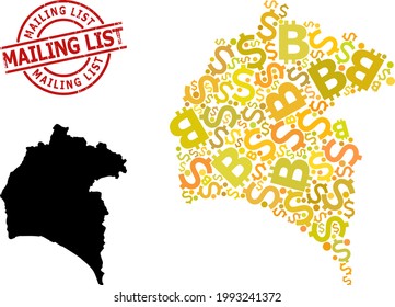 Distress Mailing List stamp, and currency mosaic map of Huelva Province. Red round stamp includes Mailing List tag inside circle. Map of Huelva Province mosaic is made from finance, funding,