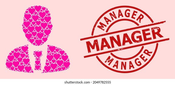 Distress Manager stamp, and pink love heart collage for manager. Red round stamp seal has Manager text inside circle. Manager collage is created from pink valentine elements.