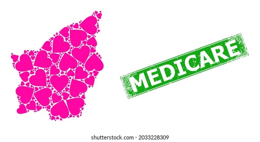 Distress Medicare stamp seal, and San Marino map collage of heart icons. Green rectangle stamp seal includes Medicare title inside rectangle.