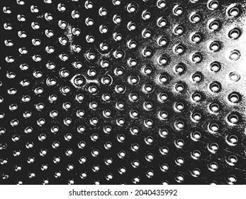 Distress metal plate vector texture with holes. EPS8 illustration. Black and white grunge background.