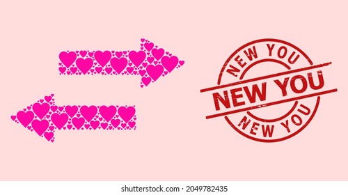 Distress New You badge, and pink love heart mosaic for horizontal exchange arrows. Red round badge contains New You title inside circle.