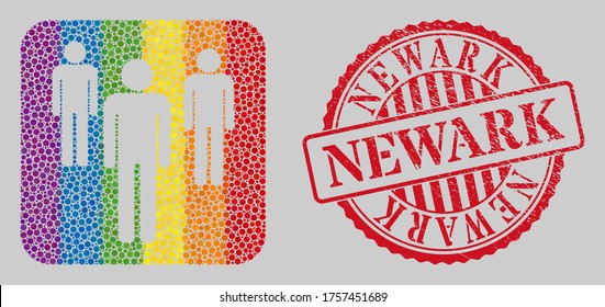 Distress Newark stamp seal and mosaic men figures stencil for LGBT. Dotted rounded rectangle mosaic is around men figures stencil. LGBT spectrum colors.