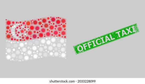 Distress Official Taxi and mosaic waving Singapore flag designed with sun icons. Green stamp has Official Taxi caption inside rectangle.