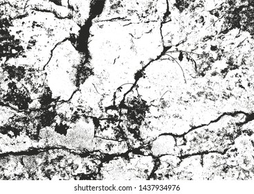 Distress old cracked concrete vector texture. EPS8 illustration. Black and white grunge background. Stone, asphalt, plaster, marble.