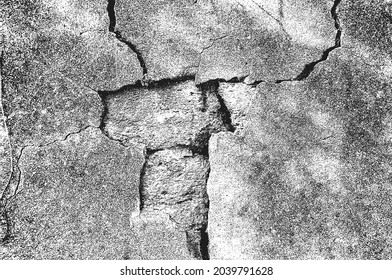 Distress old cracked concrete vector texture. EPS8 illustration. Black and white grunge background. Stone, asphalt, plaster, marble.