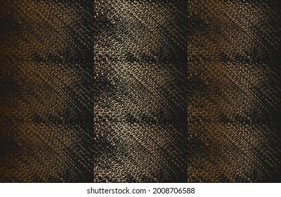 Distress old rusted peeled, scrathed vector texture with metal net, wire, cage, crossed stripes. EPS8 illustration. Black and golden grunge background
