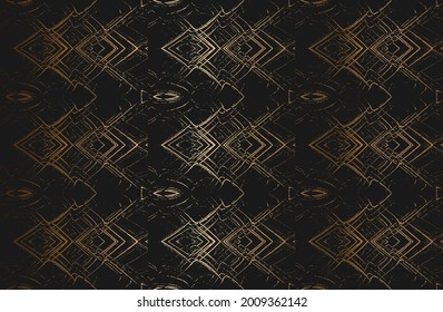Distress old rusted peeled, scrathed vector texture with metal net, wire, cage, crossed stripes. EPS8 illustration. Black and golden grunge background