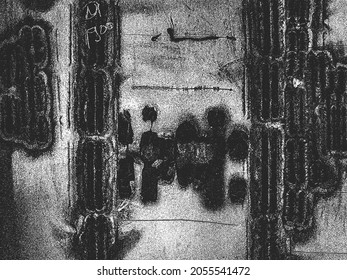 Distress old rusted peeled, scrathed metal vector texture with cracked paint. EPS8 illustration. Black and white grunge background.