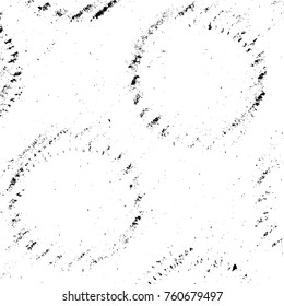 Distress Overlay Texture with circle prints of bottle bootom on the cardboard. Grunge grainy aged background. Artistic dirty template. EPS10 vector.