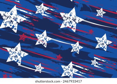 Distress painted American flag seamless pattern. Grunge background with stars and lines in American flag colors. 4th july ornament independence day