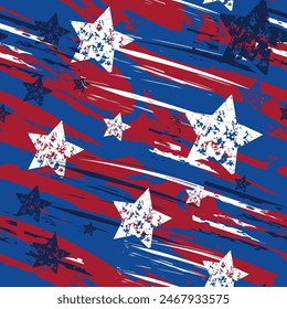 Distress painted American flag seamless pattern. Grunge background with stars and lines in American flag colors. 4th July ornament independence day