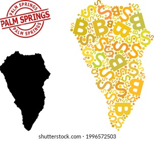 Distress Palm Springs stamp seal, and bank collage map of La Palma Island. Red round stamp seal contains Palm Springs caption inside circle. Map of La Palma Island mosaic is done from currency,