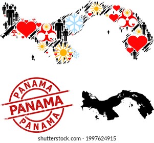 Distress Panama stamp seal, and sunny people vaccine mosaic map of Panama. Red round stamp seal contains Panama caption inside circle. Map of Panama collage is designed from frost, sun, lovely, man,