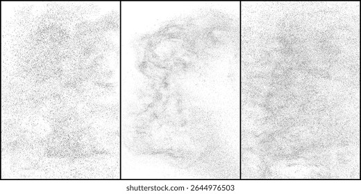 Distress paper background. Grain, noise, dust effect. Sand pattern. Black grainy rough texture isolated on white. Snow overlay. Set vector illustration, EPS 10.	