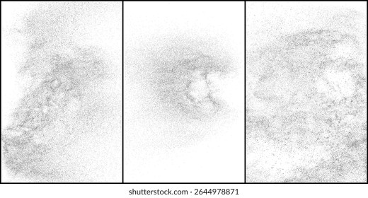 Distress paper background. Grain, noise, dust effect. Sand pattern. Black grainy rough texture isolated on white. Snow overlay. Set vector illustration, EPS 10.	