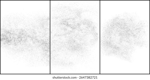 Distress paper background. Grain, noise, dust effect. Sand pattern. Black grainy rough texture isolated on white. Snow overlay. Set vector illustration, EPS 10.	