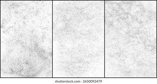 Distress paper background. Grain, noise, dust effect. Sand pattern. Black grainy rough texture isolated on white. Snow overlay. Set vector illustration, EPS 10.	