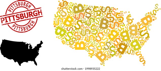 Distress Pittsburgh stamp seal, and bank mosaic map of USA. Red round stamp seal contains Pittsburgh tag inside circle. Map of USA mosaic is formed from financial, dollar, BTC golden dots.