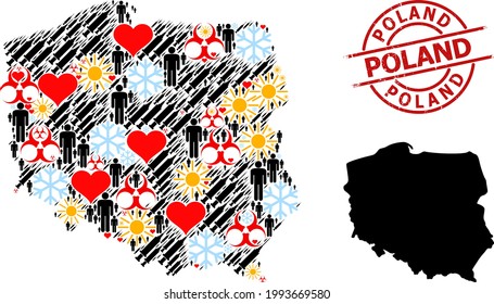 Distress Poland badge, and sunny demographics infection treatment collage map of Poland. Red round seal includes Poland caption inside circle. Map of Poland collage is designed from winter, sunny,