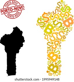 Stempelabdruck Porto-Novo und Bankmosaikkarte von Benin. Roter Rundstempel enthält eine Porto-Novo-Unterschrift im Kreis. Karte von Benin Mosaik besteht aus Geld, Dollar, Bitcoin Gott Teile.