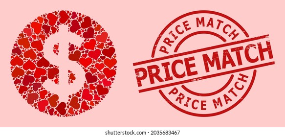 Sello de sello de precio por diferencia y mosaico de corazón de amor rojo por precio. El sello rojo redondo incluye la etiqueta de Coincidencia de precios dentro del círculo. El mosaico de precios está compuesto por símbolos de boda rojos.