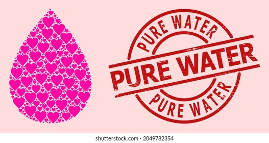 Distress Pure Water stamp, and pink love heart mosaic for water drop. Red round stamp has Pure Water tag inside circle. Water drop mosaic is constructed of pink dating elements.