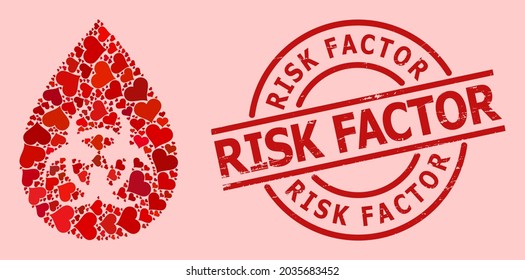 Distress Risk Factor seal, and red love heart collage for biohazard drop. Red round seal contains Risk Factor title inside circle. Biohazard drop collage is composed from red dating elements.