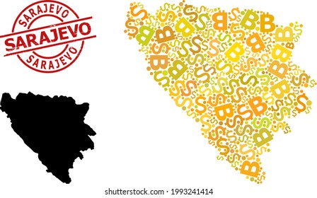 Distress Sarajevo stamp seal, and finance mosaic map of Bosnia and Herzegovina. Red round stamp seal has Sarajevo tag inside circle. Map of Bosnia and Herzegovina mosaic is made of finance, dollar,